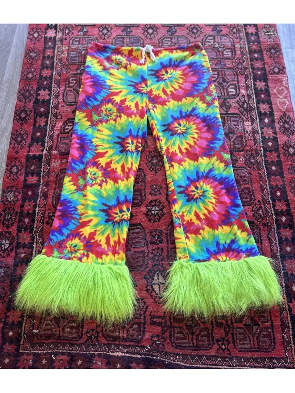 Grandma Pants Tie Dye Faux Fur Bell Bottom Festival Rave Pants L Burning Man - Picture 13 of 14